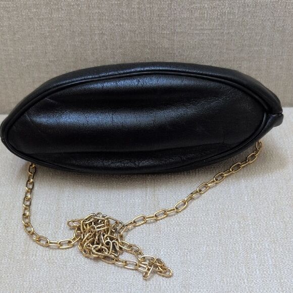 Elegant Vintage Rosenfeld Black Leather Shoulder Bag Gold Chain Link Strap - Picture 2 of 9